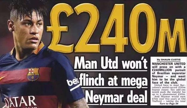 Sprowadzenie Neymara może kosztować Manchester ponad 300 milionów euro