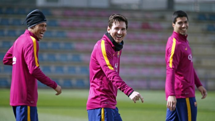Neymar, Leo Messi i Luis Suarez na treningu